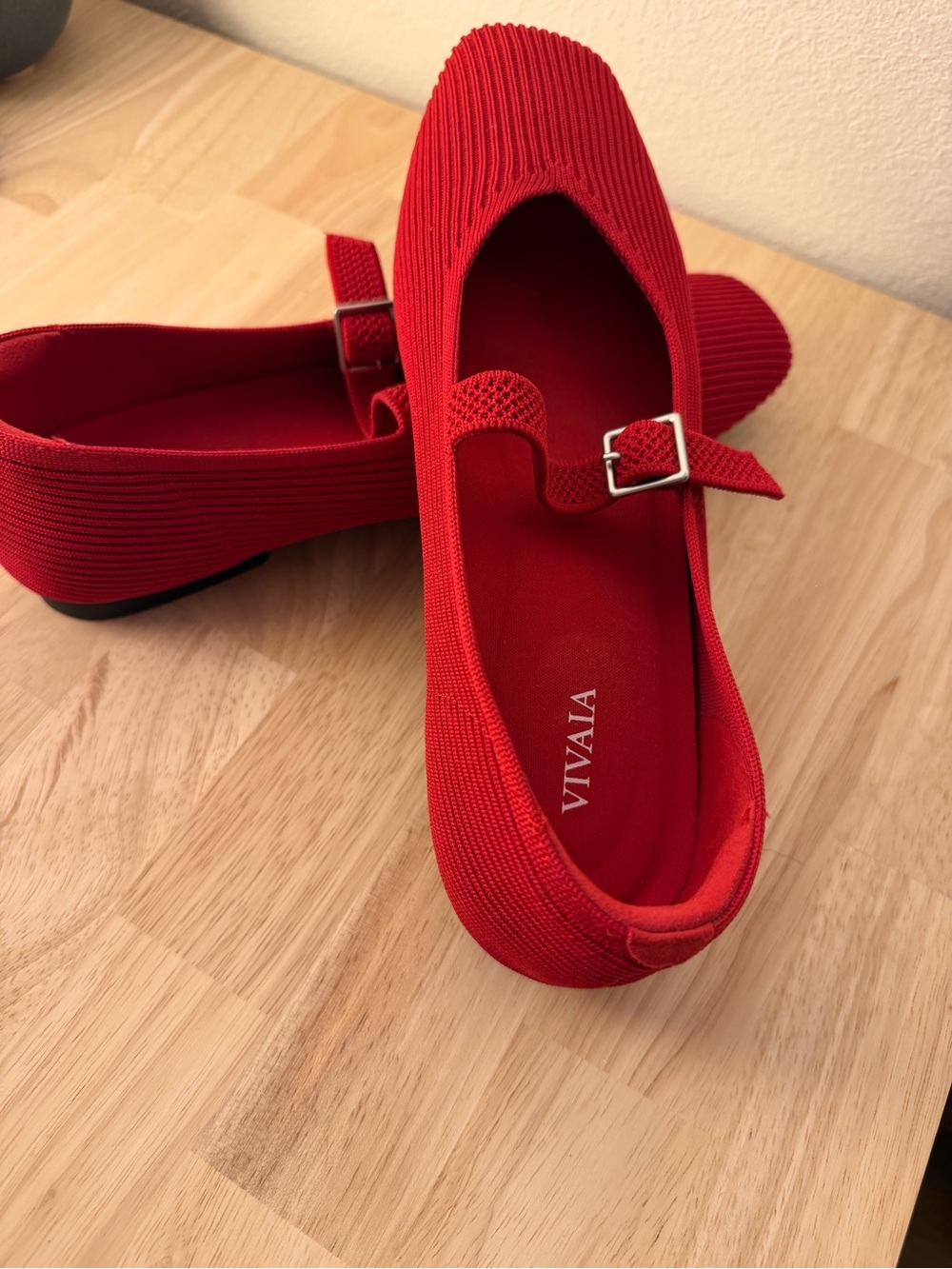VIVAIA Red Mary Jane Knit Flats with Buckle Strap